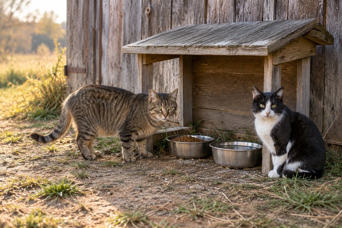 A tabby cat and a black-and-white cat beside food and water bowls under a wooden shelter by a barn