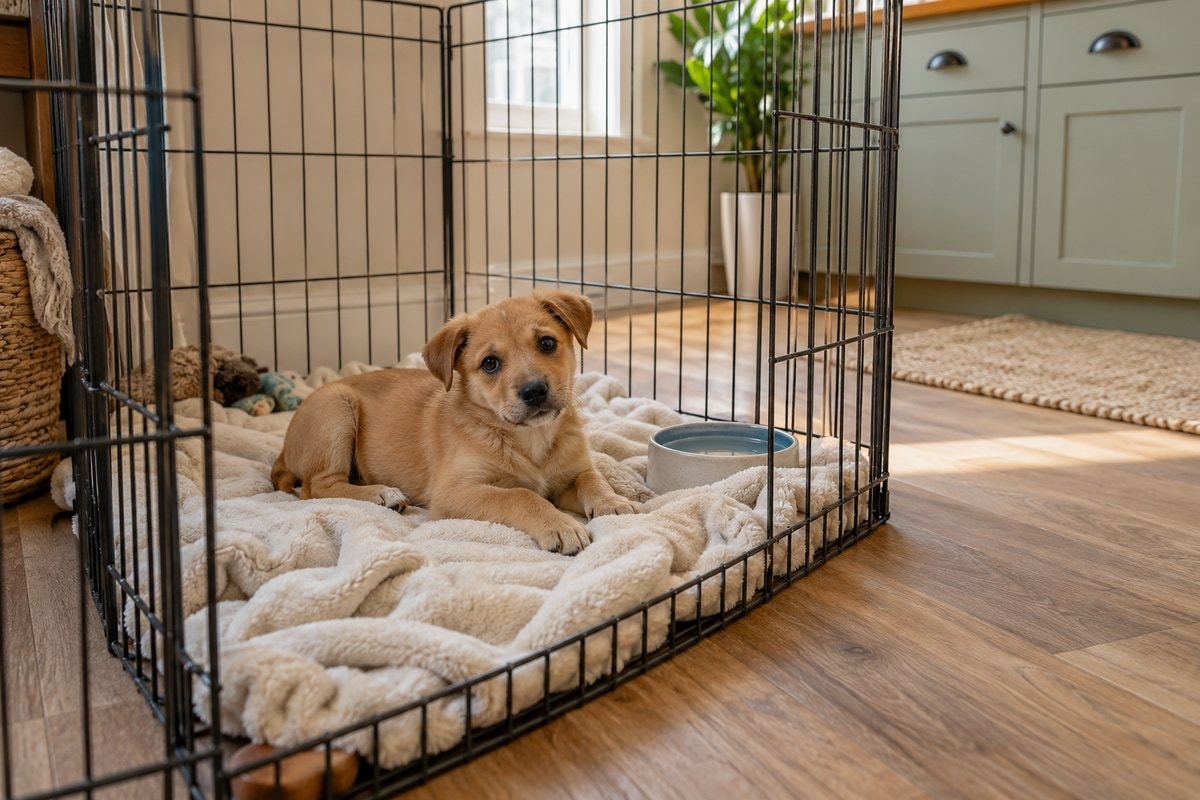 A tan puppy resting on a cream blanket inside a metal pen in a sunlit kitchen