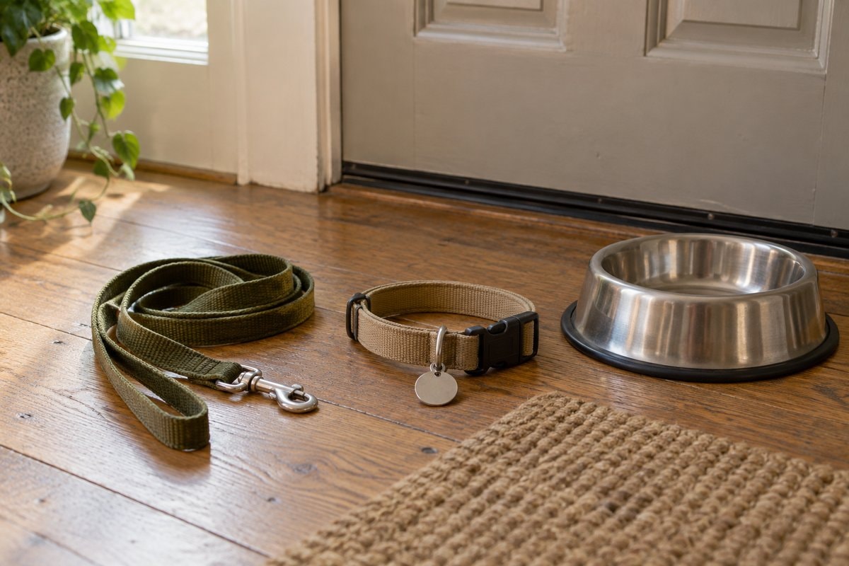 An olive lead, a tan collar with a blank round tag and a metal bowl on a wooden floor by a front door