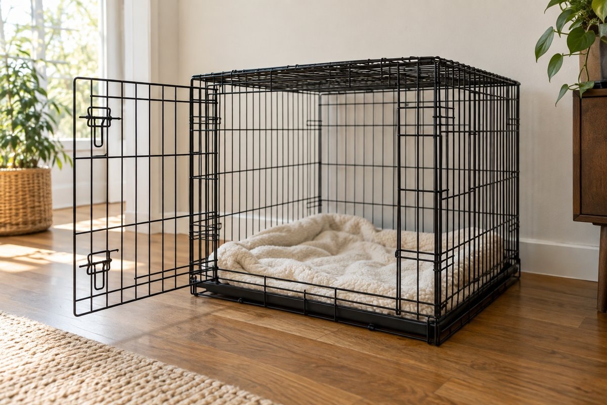 An open black wire crate with a cream blanket on a wooden living room floor