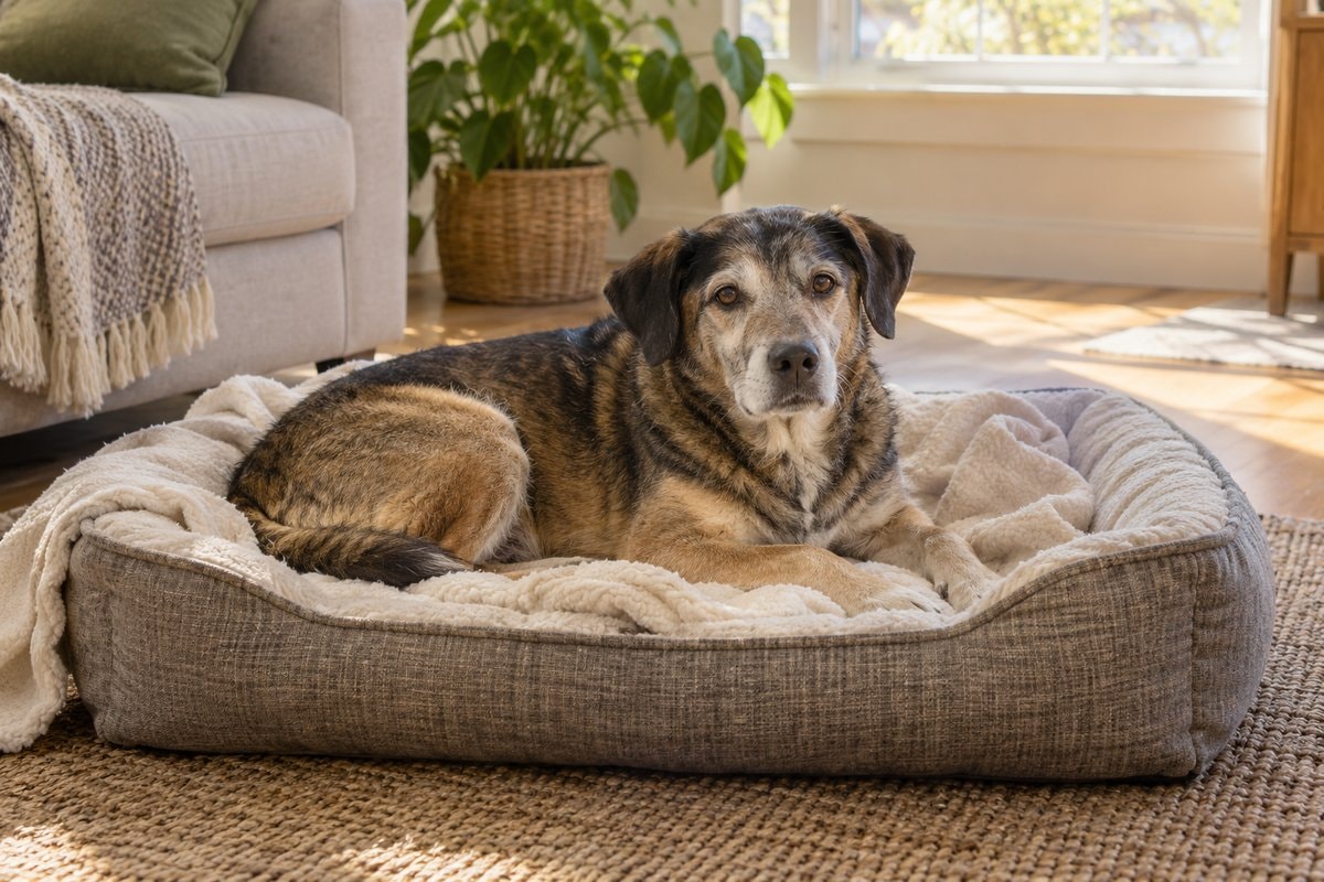 A grey-muzzled dog resting on a cream blanket in a soft bed beside a sunlit window