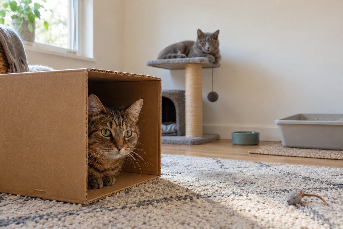 A tabby cat peeking from a cardboard box and a grey cat on a cat tree in a room with a litter tray