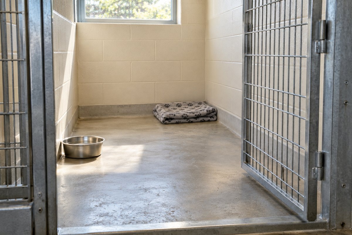 An empty sunlit shelter kennel with an open metal gate, a folded blanket and a water bowl
